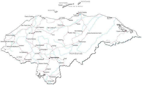 Honduras Black & White Map with Capital, Major Cities, Roads, and Water Features