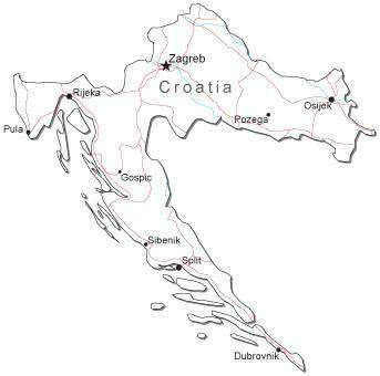 Croatia Black & White Map with Capital, Major Cities, Roads, and Water Features