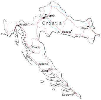Croatia Black & White Map with Capital, Major Cities, Roads, and Water Features