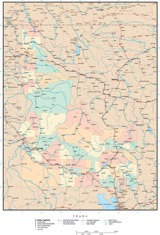 Idaho Map with Counties, Cities, County Seats, Major Roads, Rivers and Lakes