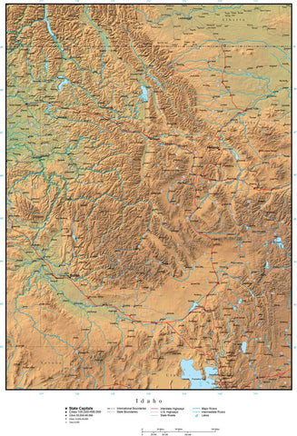 Idaho Map Plus Terrain with Cities Roads and Water Features