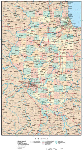 Illinois Map with Counties, Cities, County Seats, Major Roads, Rivers and Lakes