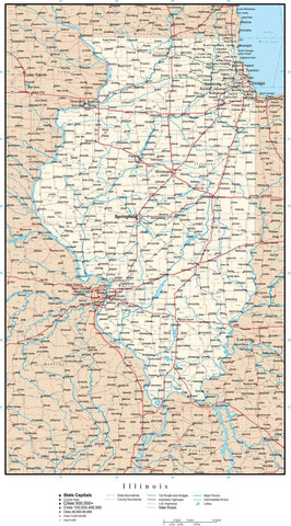 Illinois Map with Capital, County Boundaries, Cities, Roads, and Water Features