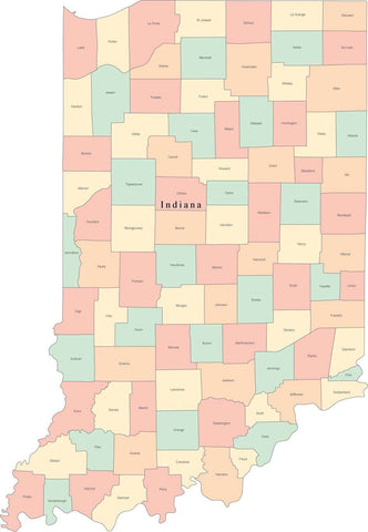 Multi Color Indiana Map with Counties and County Names