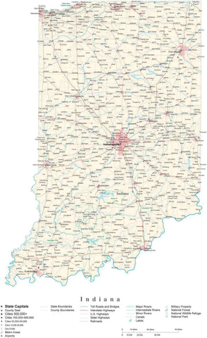Detailed Indiana Cut-Out Style Digital Map with County Boundaries, Cities, Highways, and more