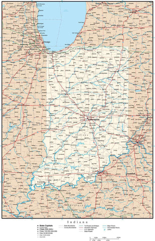 Indiana Map with Capital, County Boundaries, Cities, Roads, and Water Features