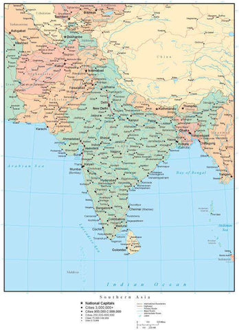 Southern Asia Map with Countries Capitals Cities Roads and Water Features