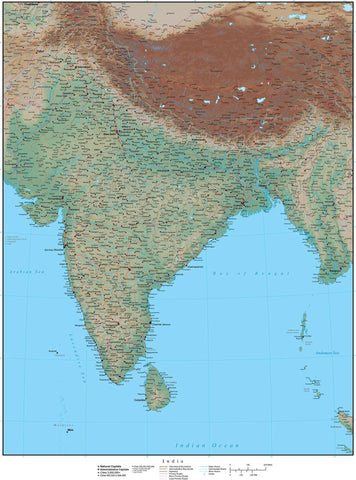 High Detail India Map Plus Terrain - 17 inches by 22 inches