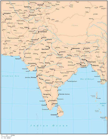 Single Color Southern Asia Map with Countries, Capitals, Major Cities and Water Features