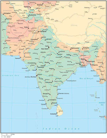 Multi Color Southern Asia Map with Countries, Capitals, Major Cities and Water Features