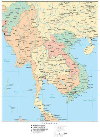 Indochina Map with Countries, Capitals, Cities, Roads and Water Features