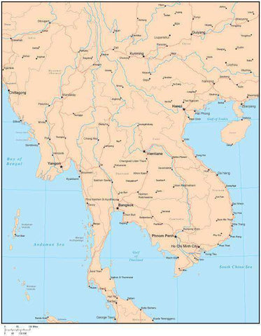 Single Color Indochina Map with Countries, Capitals, Major Cities and Water Features