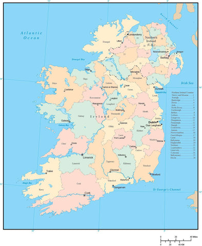 Ireland Digital Vector Map with County Areas and Capitals