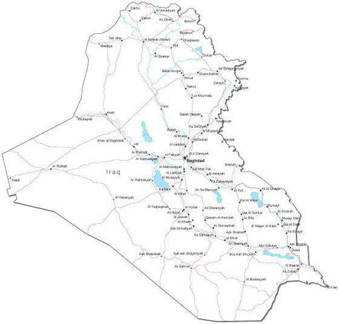 Iraq Black & White Map with Capital, Major Cities, Roads, and Water Features