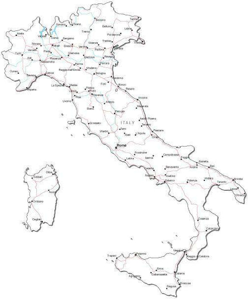 Italy Black &amp; White Road map in Adobe Illustrator Vector Format