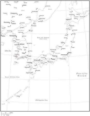 Black & White Japan Map with Countries, Capitals and Major Cities - JPN-XX-533895