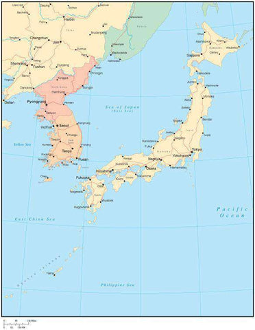 Multi Color Japan Map with Countries, Capitals, Major Cities and Water Features