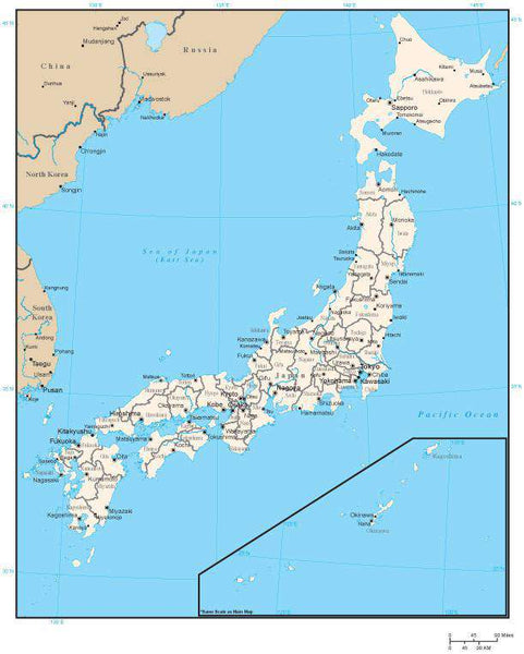 Japan Map with Prefecture Areas and Capitals in Adobe