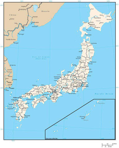 Japan Digital Vector Map with Prefecture Areas and Capitals