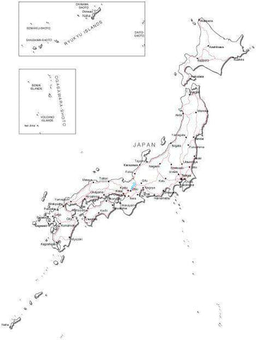 Japan Black & White Map with Capital, Major Cities, Roads, and Water Features
