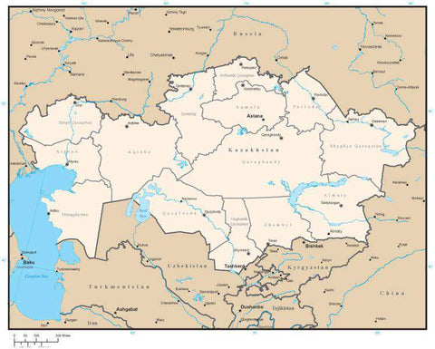 Kazakhstan Digital Vector Map with Province Areas and Capitals