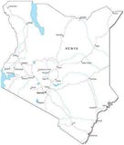 Kenya Black & White Map with Capital, Major Cities, Roads, and Water Features