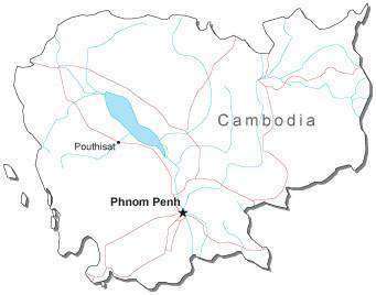Cambodia Black & White Map with Capital Major Cities and Roads