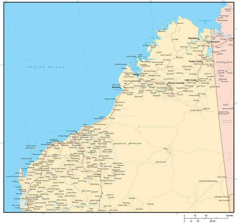 The Kimberley Region Western Australia Map with Cities Major Roads and Water Features