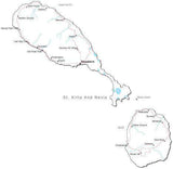 St Kitts and Nevis Black & White Map with Capital, Major Cities, Roads, and Water Features
