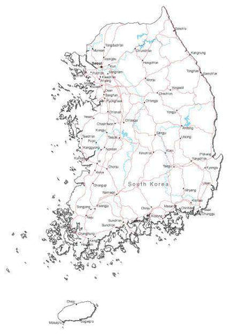 South Korea Black & White Map with Capital, Major Cities, Roads, and Water Features