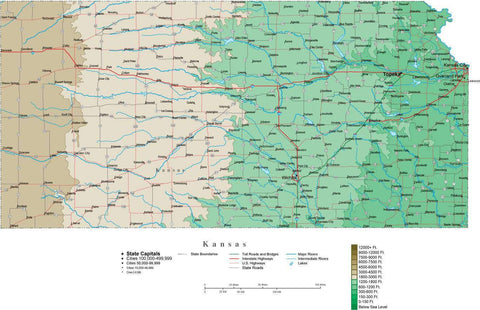 Kansas Map with Contour Background - Cut Out Style