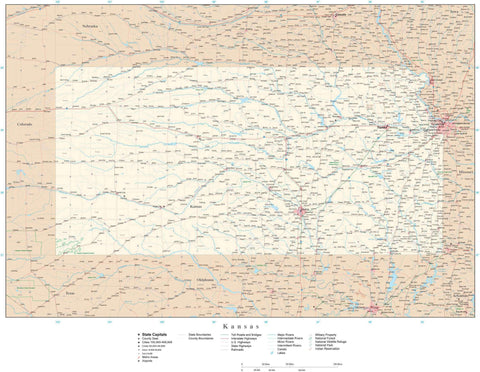 Detailed Kansas Digital Map with County Boundaries, Cities, Highways, and more
