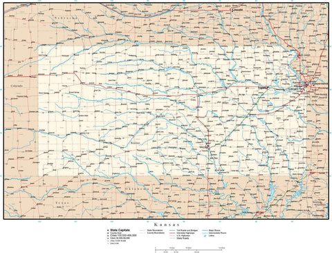 Kansas Map with Capital, County Boundaries, Cities, Roads, and Water Features