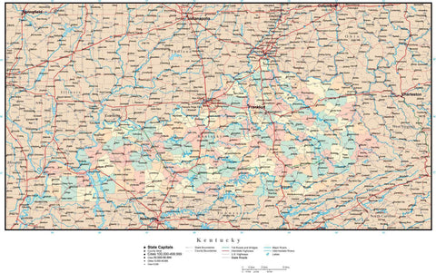 Kentucky Map with Counties, Cities, County Seats, Major Roads, Rivers and Lakes