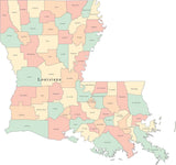 Multi Color Louisiana Map with Counties and County Names