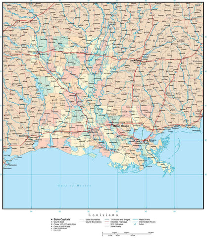 Louisiana Map with Counties, Cities, County Seats, Major Roads, Rivers and Lakes