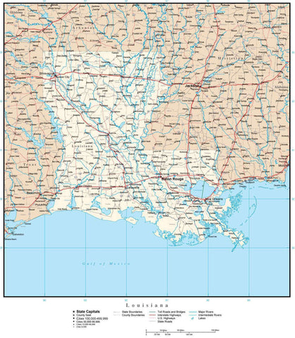 Louisiana Map with Capital, County Boundaries, Cities, Roads, and Water Features