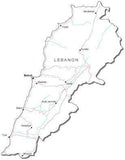 Lebanon Black & White Map with Capital, Major Cities, Roads, and Water Features