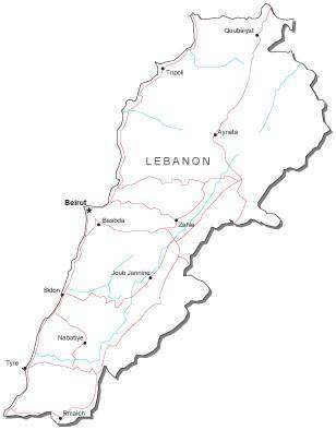 Lebanon Black & White Map with Capital, Major Cities, Roads, and Water Features