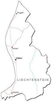 Liechtenstein Black & White Map with Capital, Major Cities, Roads, and Water Features