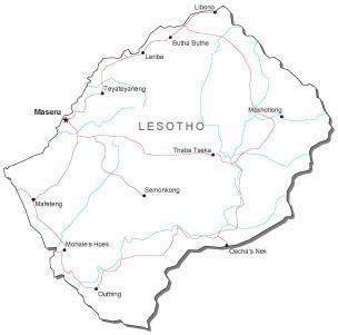 Lesotho Black & White Map with Capital, Major Cities, Roads, and Water Features