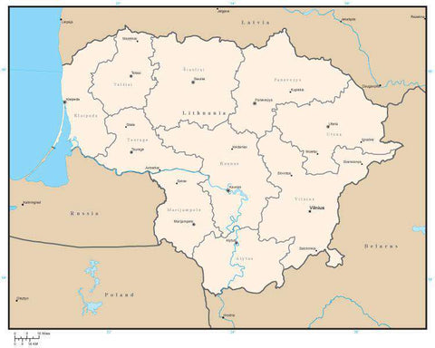 Lithuania Digital Vector Map with Administrative Areas and Capitals