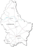 Luxembourg Black & White Map with Capital, Major Cities, Roads, and Water Features