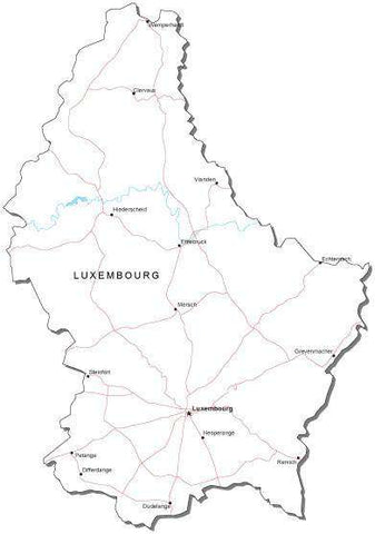 Luxembourg Black & White Map with Capital, Major Cities, Roads, and Water Features