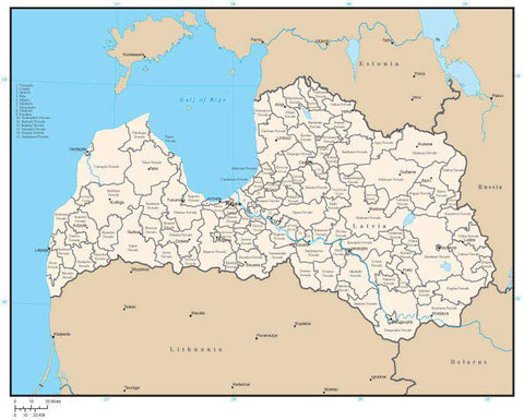 Latvia Digital Vector Map with Administrative Areas and Capitals