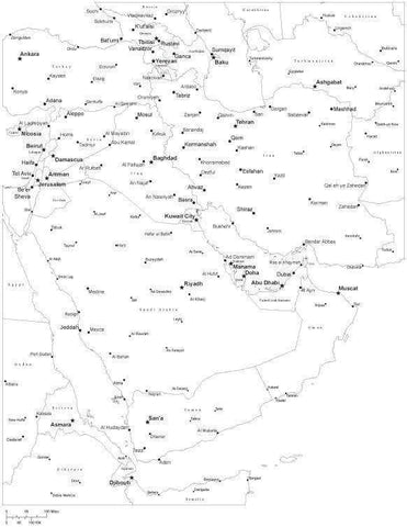 Black & White Middle East Map with Countries, Capitals and Major Cities - M-EAST-533882