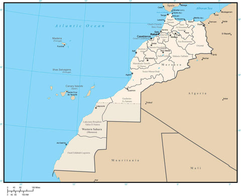 Morocco Digital Vector Map with Administrative Areas and Capitals