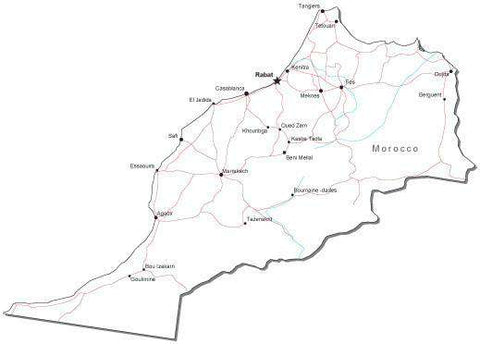 Morocco Black & White Map with Capital, Major Cities, Roads, and Water Features