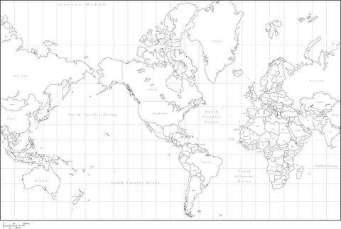 Digital World Map with Countries - America Centered - Black & White