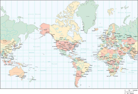 World Map - Multi Color Americas Centered, with Countries, Capitals, Major Cities and Water Features
